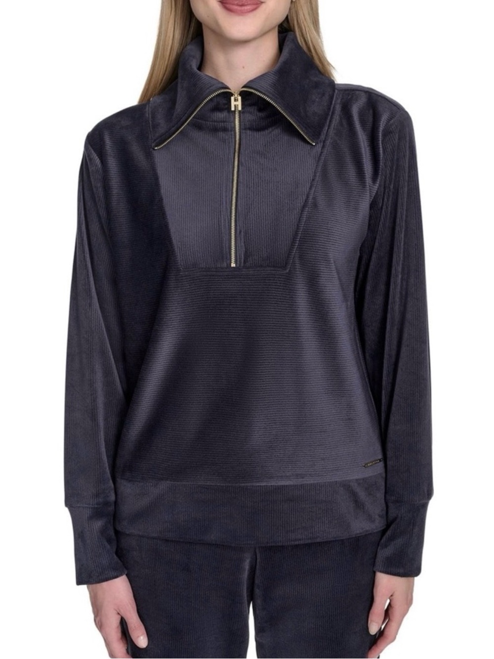 Halston Heritage Navy Ribbed Velour Knit Pullover w/ Gold Logo size Medium